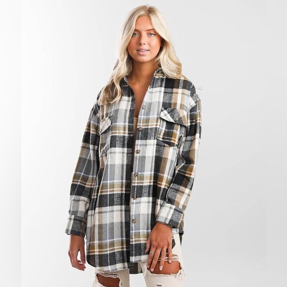 BKE Plaid Boyfriend Flannel Tunic Top Shacket Size Large - Picture 1 of 9